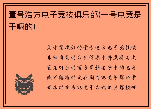 壹号浩方电子竞技俱乐部(一号电竞是干嘛的)